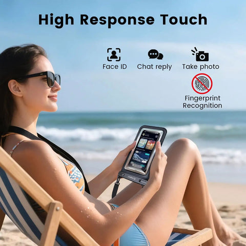 Woman using IPX8 Waterproof Pouch 2 Pack With Lanyard Double Window Dry Bag Case at the beach, phone in waterproof pouch.