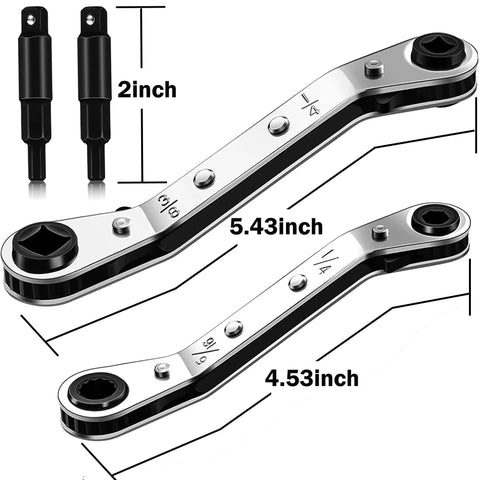 HVAC Air Conditioning Valve Ratchet Wrench Set With Dual Pneumatic Wrenches For Three Sixteenths To Three Eighths Inch Includes Five Sixteenths By One Quarter Inch Adapters And Two Hex Bit Adapters For Refrigeration Tool And Equipment Repair.