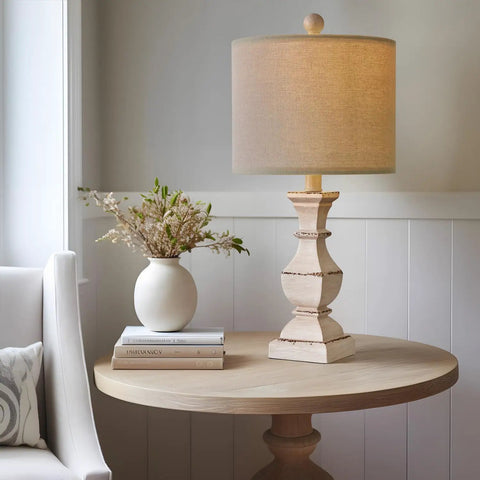 Rustic Farmhouse Table Lamp Set Of 2 In Antique Grey With White Fabric Shade Modern Irregular Geometric Resin Base Cozy Home Vibe For Living Room Or Bedroom Nightstand Lighting Vintage Chic Contemporary Decor Lamps