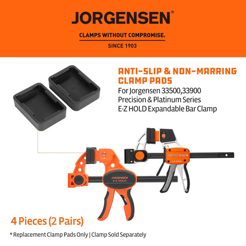 4 Pack Work Protecting Pads For Pony 33500 33900 EZ Hold Bar Clamp Replacement Jaw Pads With Precision Fit, Heavy Duty Cushions For Expandable Bar Clamp Series, Durable Non Marring Pad Set. Jorgensen 4-pack TPU clamp jaw pads, 50x35x12 mm, with 33500/33900 clamps