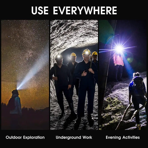 Beast Mode Bright Rechargeable LED Headlamp With 6000 Lumen Beam used for outdoor exploration, underground work, and evening activities.