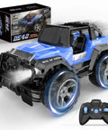 1 18 Scale RC Off Road Monster Truck With 2.4Ghz Radio, 80 Minute Playtime, LED Lights, Storage Case, All Terrain SUV Toy in Blue