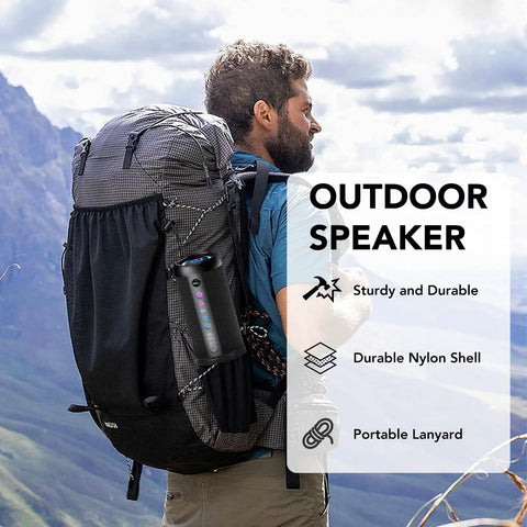 Man hiking with Portable Bluetooth Speaker With Bluetooth Five Four 30W Dual Speakers And Two Point Oh Channel Sound Deep Bass Thirty Hour Playtime Colorful RGB Lights IPX Seven Waterproof True Wireless Stereo TWS Pairing For Outdoor Home Party Travel Gift Ideas in backpack