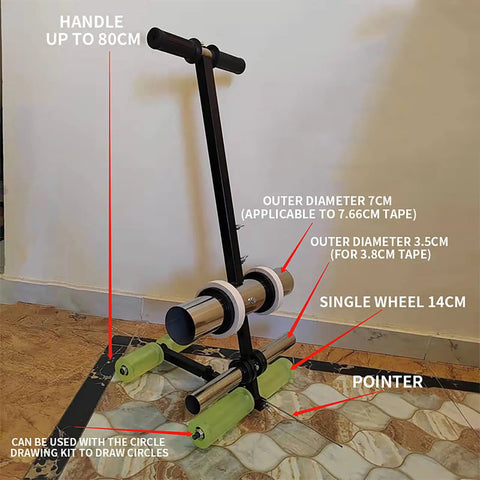 No-Bend Dual Line Floor Tape Marking Tool With Standing Pasting Dispenser For Masking Tape, Painter Roller Ready, Quick Straight Lines On Floors, Walls, Gyms And Warehouses, Pain-Free Back-Saving. Stainless steel tape marker, 80 cm handle, 14 cm wheel