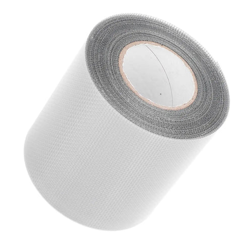 Transparent Window Screen Repair Tape Self Adhesive Mesh Patch For Windows Doors And Tents Durable Quick Fix For Torn Screens Fiberglass Material 80mm By 9.15m Gray Instant Repair No Tools Required Weather Resistant Clear Cover For Mesh Openings. Roll of gray self-adhesive mesh tape.