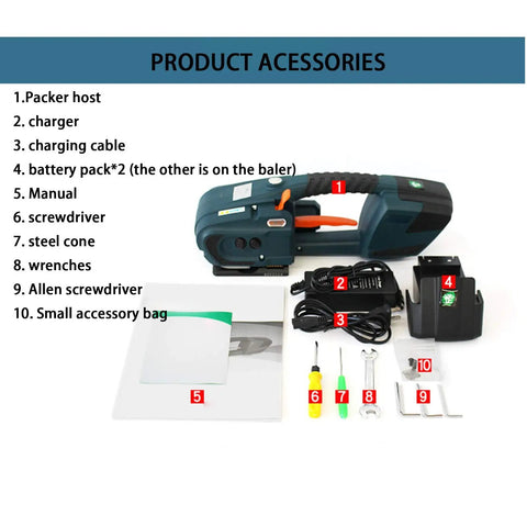 Handy Portable Electric Strapping Machine For Pet Or Pp Tape That Wields 2800N Force Fast One Hand Charge And Ergonomic Grip For Toys Electronics Hardware Cosmetics Books Shipping Packing Jobs Made Easy with accessories including charger, tools, and manual.