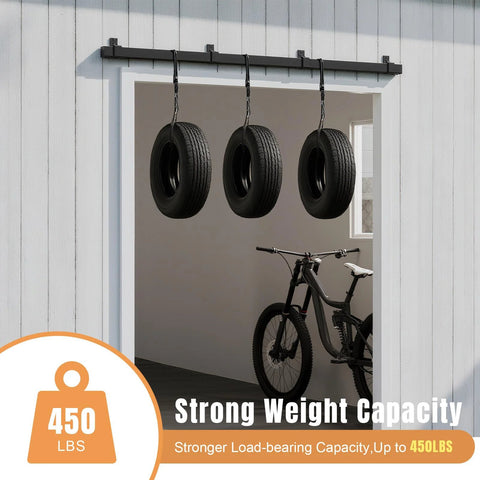 Exterior Sliding Barn Door Hardware Kit With Box Rail Track 8 Foot Length 450 Pound Capacity Black Weather Resistant Steel Wall Mount System installed outdoors with 450lbs weight test.
