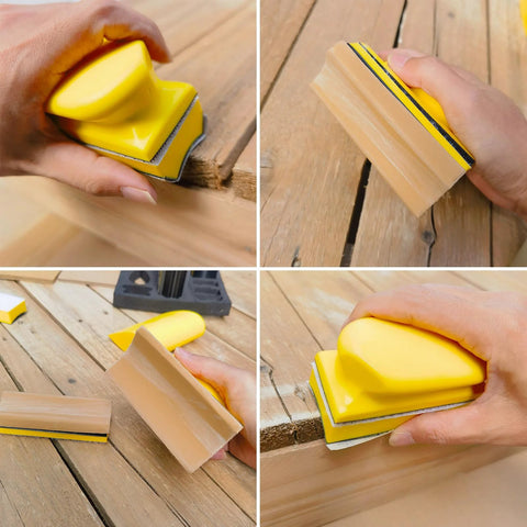 Front view of yellow contoured sanding block set with foam backing and hook-and-loop abrasive surface for woodworking and furniture.
Side view of yellow contoured sanding block showing slim profile, curved face, and foam backing for comfortable grip.
Close-up of beige sanding block edge with yellow foam body and visible hook-and-loop strip for secure sanding pad.
Hand using yellow contoured sanding block on a wood edge to smooth seams and textures during sanding.