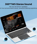 Pocket Bluetooth Speaker With Big Bass, 5W Portable Wireless Speaker, shown with laptop, IPX7 Waterproof, 8 Hours Playtime
