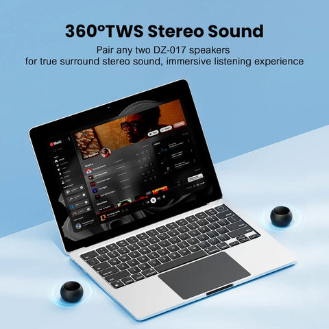 Pocket Bluetooth Speaker With Big Bass, 5W Portable Wireless Speaker, shown with laptop, IPX7 Waterproof, 8 Hours Playtime