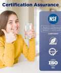 Young girl holding water in certified assurance image with NSF, ROHS, REACH, ISO logos for whole house filtration systems.