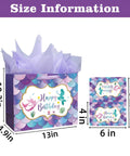 13 Inch Mermaid Birthday Gift Bag With Handle For Kids Party, Purple Gift Bag With Tissue Paper And Card Included, Large 13 X 10.2 X 4.9 Inch Mermaid Theme Gift Wrapping Bag For Party Ready Gifting, size dimensions and design displayed.