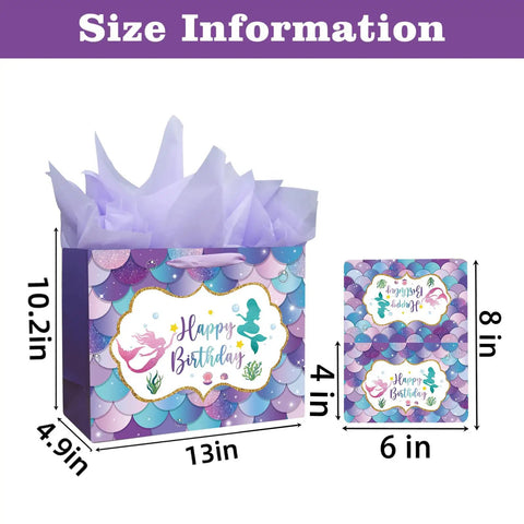 13 Inch Mermaid Birthday Gift Bag With Handle For Kids Party, Purple Gift Bag With Tissue Paper And Card Included, Large 13 X 10.2 X 4.9 Inch Mermaid Theme Gift Wrapping Bag For Party Ready Gifting, size dimensions and design displayed.
