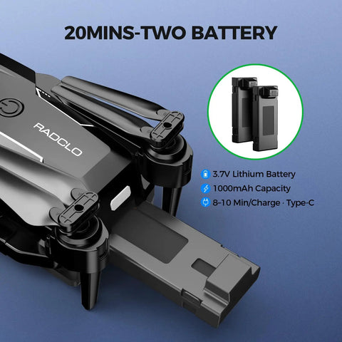 Close-up of drone with camera and built in screen on controller for beginners, foldable quadcopter and two batteries details.