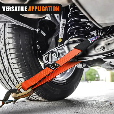 Beefy 4 Pack Axle Tie Down Straps 2 Inch by 38 Inch With Protective Sleeve and D Ring, Road Ready Heavy Duty Kit For Trailers, Trucks, UTVs, And Car Hoists, 11127 Lbs Break Strength, 3709 Lbs Working Load, orange axle strap on tire