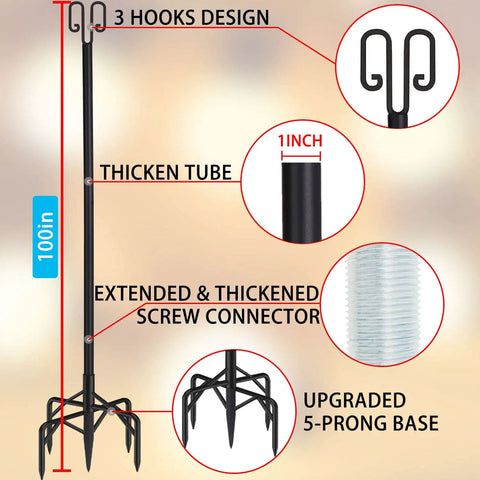 Beefy 100 Inch Outdoor String Light Poles 2 Pack with 3 hooks, thick tube, screw connector, 5-prong base for garden patio decor.