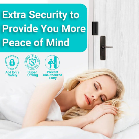 Heavy Duty Home Security Door Reinforcement Lock for front door shown with sleeping woman for added peace of mind.