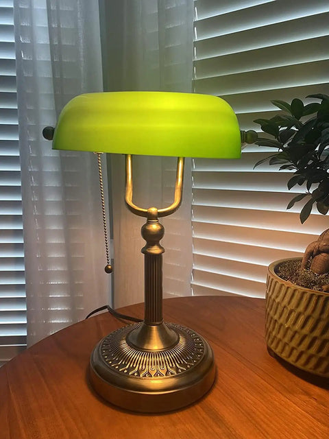 Green Glass Bankers Desk Lamp With Pull Chain Switch Plug In Fixture E26 Socket Max 60 Watt Bulb Compatible Adjustable Reading Light