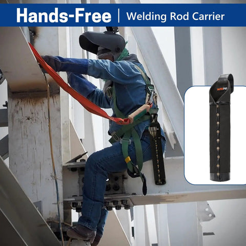 Worker using Flame Resistant Welding Rod Bag And Leather Electrode Holder With Belt Loops And Rivets on construction site.