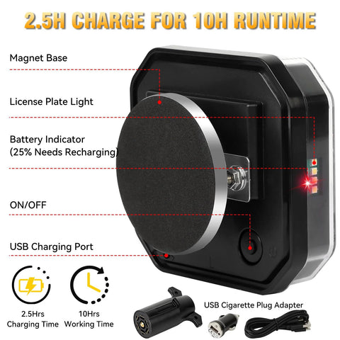 SAKFEP magnetic trailer light kit; IP67 waterproof, USB rechargeable LED tow lights, front view with magnetic base.