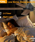 52 Inch Ceiling Fan With Lights And Remote, Black Finish, Reversible 5 Blade Design With Black And Natural Wood Sides, Whisper Quiet DC Motor, Downrod Mount, 6CCT LED, Ideal For Bedroom Use, Image Of Fan Over Sleeping Woman