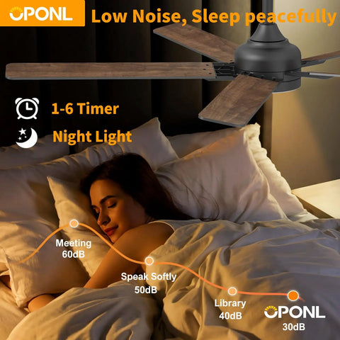 52 Inch Ceiling Fan With Lights And Remote, Black Finish, Reversible 5 Blade Design With Black And Natural Wood Sides, Whisper Quiet DC Motor, Downrod Mount, 6CCT LED, Ideal For Bedroom Use, Image Of Fan Over Sleeping Woman