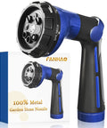 Heavy Duty Metal Hose Nozzle With 8 Spray Patterns High Pressure Water Sprayer shown with packaging, blue finish