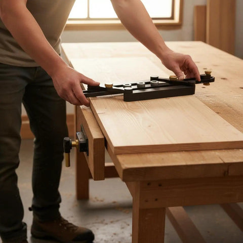Person adjusting Precision Aluminum Dowel Jig Drill Guide for Smooth Cabinet Building and DIY Woodworking Joinery on wood.