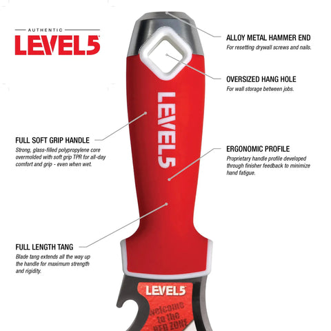 9 In 1 Painters Tool For Finishing And Scraping With Hardened Carbon Steel Blade, red handle with ergonomic grip details