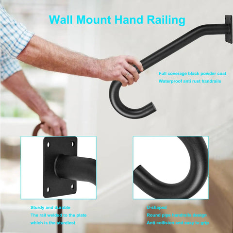 Tough As Nails Wall Mount Hand Rails For 1 To 3 Steps Heavy Duty Grade Steel Safety Grab Bar Supports Up To 500 Pounds Indoor Outdoor Staircase Railing Black being gripped for stability.