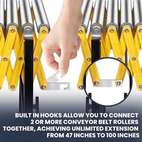 Heavy Duty Expandable Conveyor Roller With 1250 Lbs Hauling Capacity And Smooth Glide Skate Wheels built with hooks for easy connection.