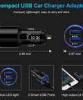Road Ready Dual Port Usb Car Charger Two Pack Four Point Eight Amps Fast Charging Adapter features 2 smart USB ports with blue LED light.