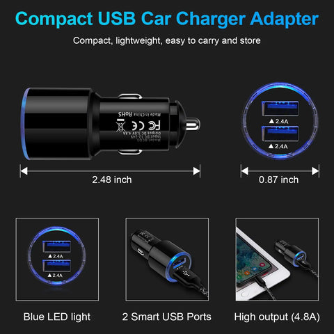 Road Ready Dual Port Usb Car Charger Two Pack Four Point Eight Amps Fast Charging Adapter features 2 smart USB ports with blue LED light.