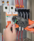 Using Insulated Wire Terminals Crimping Tool Kit With Ratcheting Crimper on electrical box, red yellow blue color coded jaws