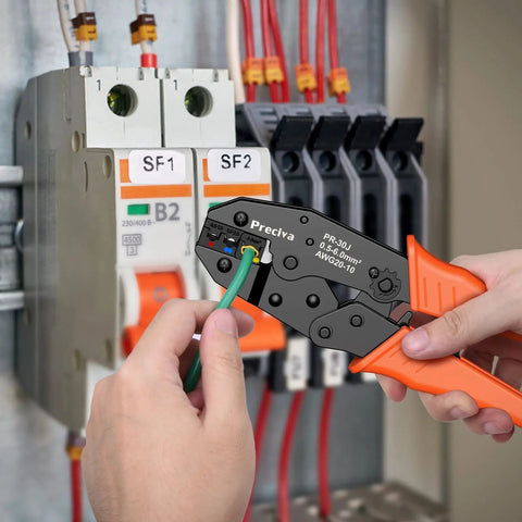 Using Insulated Wire Terminals Crimping Tool Kit With Ratcheting Crimper on electrical box, red yellow blue color coded jaws