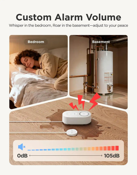 Water Leak Detector 1s With Four Point Nine Two Foot Sensor Cable 105 dB Adjustable Alarm Five Year Battery Life IP67 Waterproof device in use