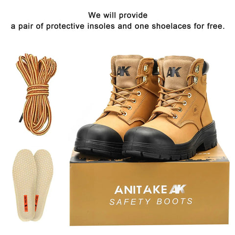 Steel Toe Work Boots For Men 6 Inch Nubuck Leather Electrical Insulation Non Slip Safety Boots with laces and insoles on box.