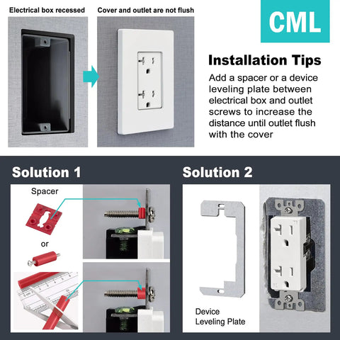 Installation tips for Screwless Decorator Wall Plate 2 Gang Outlet Covers Four Pack White Standard Size 4.68 by 4.72 Inches with spacers