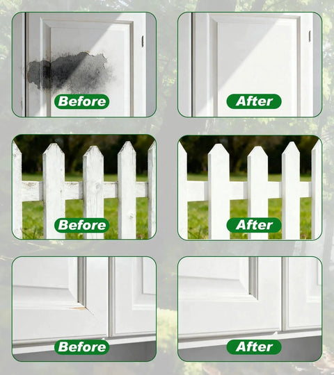 Hella Smooth White Wood Touch Up Paint Pen With An Ultra Fine Precision Brush For Super Quick Drying Scratch Repair And Peeling Fixes That Get Your Favorite Furniture Looking Dang Near New Again before and after touch up results on wood door and fence.