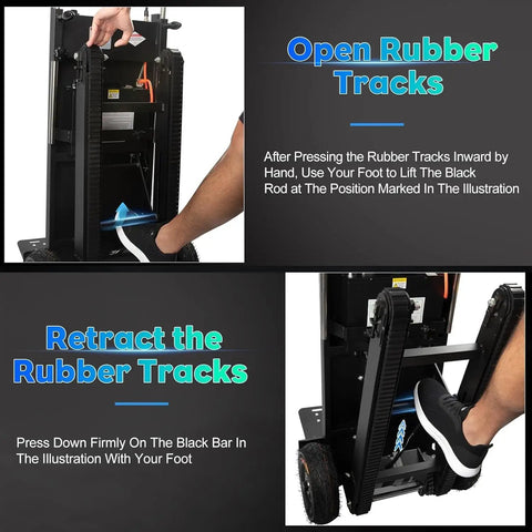 Instruction on operating Heavy Duty Electric Stair Climbing Dolly With 1250W Motor And 900Lb Capacity rubber tracks for hauling.