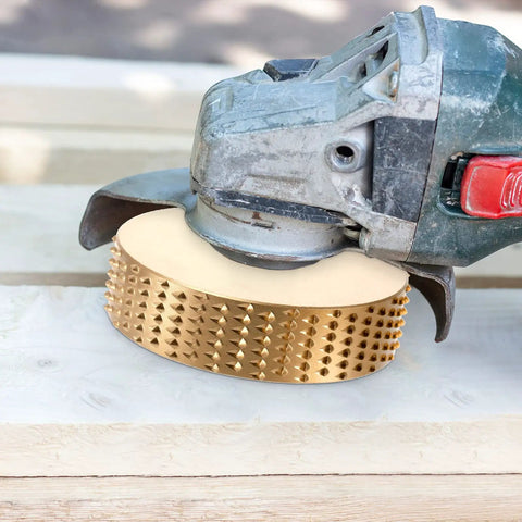 Angle grinder with spiked disc from Five Piece Wood Carving Disc Set For Four Inch And Four And A Half Inch Angle Grinders With Seven Eighth Inch Arbor