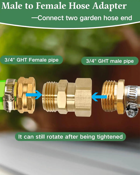 Heavy Duty Brass Garden Hose Swivel Adapter Three Quarter Inch GHT Male To Female Connector With Leak Proof Seal For RVs Garden Car Wash And More Universal Fit For Any Hose System And Quick Connection, 3/4 GHT brass hose adapter