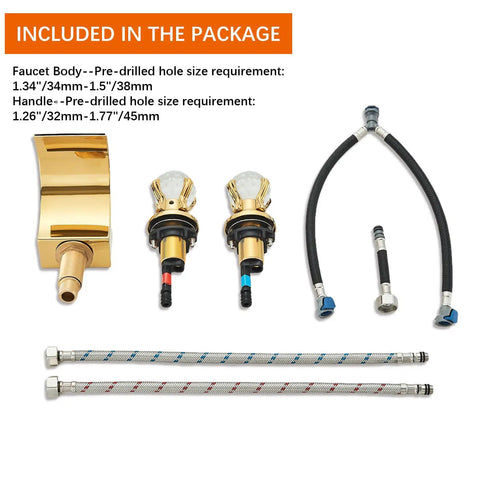 LED Waterfall Widespread Bathroom Faucet Polished Gold Finish with 2 Crystal Knobs 3 Holes Lavatory Basin Mixer Tap parts included
