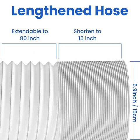 Portable AC Exhaust Vent Hose 80 Inch Long 5.9 Inch Diameter Universal Replacement With Anti Clockwise Thread For Most Portable Air Conditioners No Coupler Needed, showing length extension details.