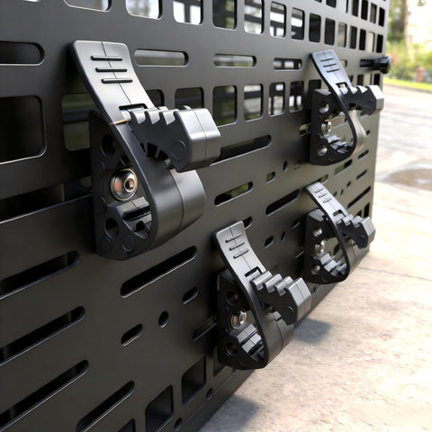 Rugged Truck Shovel Holder With Quick Release Rubber Clamp Mount Kit on perforated panel