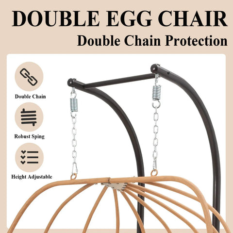 Oversized Two Person Egg Swing Chair With Stand Cozy Cushions Beige Outdoor Indoor Swing Chair frame and chain details.