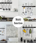 Heavy Duty Wall Mount Mop And Broom Holder Built Tough With 5 Racks And 4 Hooks Stainless Steel Tool Organizer in various rooms.
