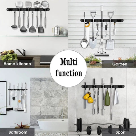 Heavy Duty Wall Mount Mop And Broom Holder Built Tough With 5 Racks And 4 Hooks Stainless Steel Tool Organizer in various rooms.