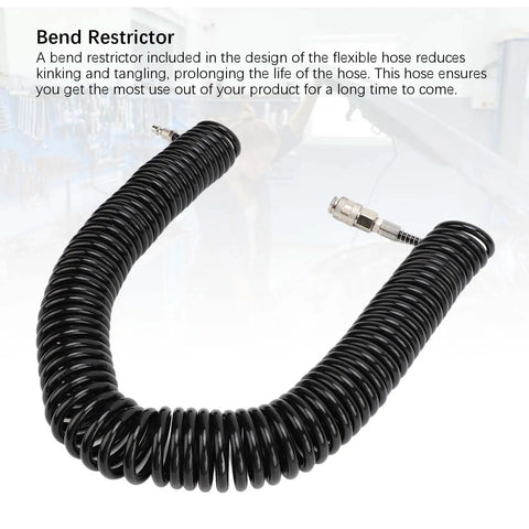 Tough As Nails 12 Meter Rubber And Steel Air Hose For Air Compressors featuring kink-resistant bend design and flexible coiling.