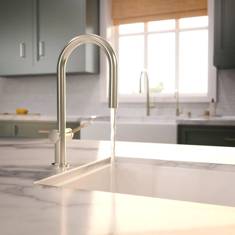 hansgrohe Talis N Pull Down Kitchen Faucet, Modern, Magnetic Hand Sprayer, 1-Handle, 1.75 GPM, Polished Nickel, 72865831 with flowing water.